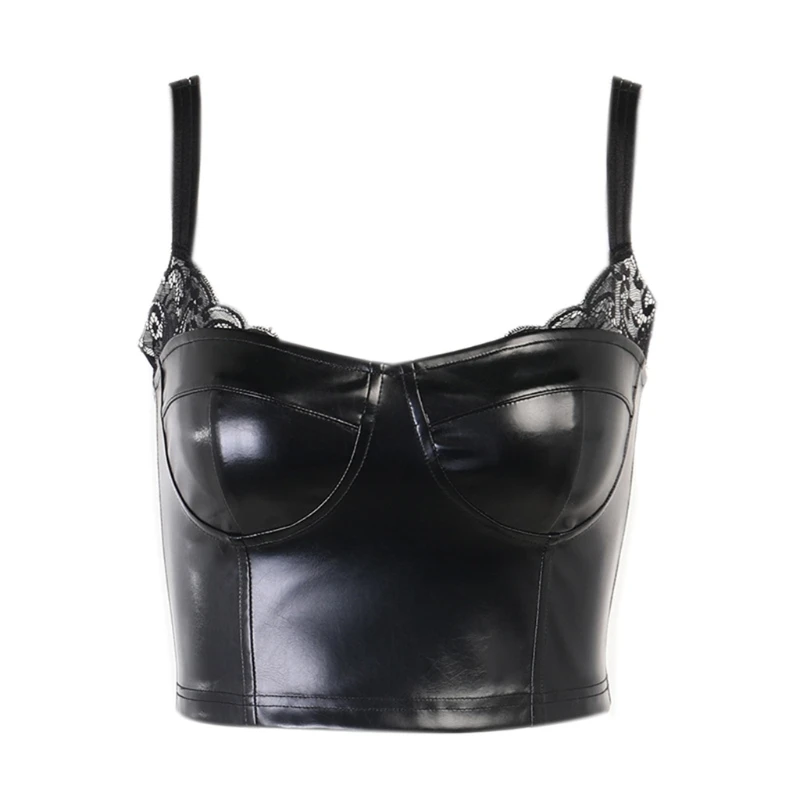 

Womens Sexy Spaghetti Strap Crop Top Lace Splicing Faux Leather Corset Camisole Bustier Gothic Harajuku Tank Vest