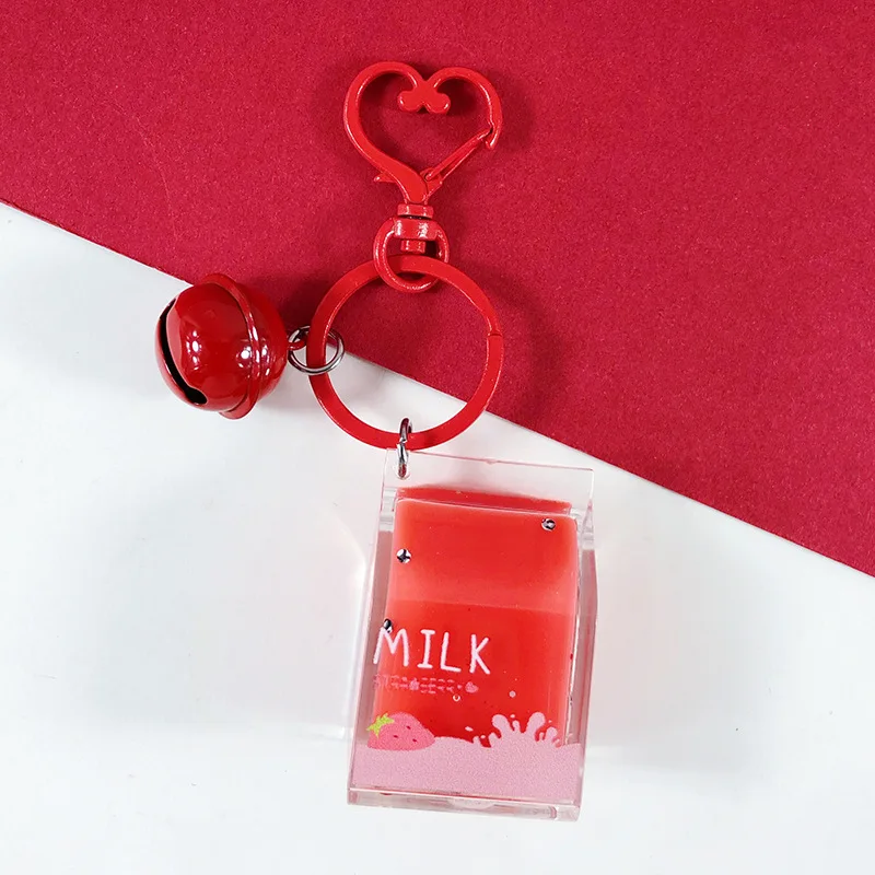 Красный Движущийся брелок с жидкостью мультяшный креативный акриловый молочный ящик брелоки персональный автомобильный металлический брелок кольцо для ключей подарки - Цвет: Красный