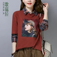 pullover gorella long sleeved shirt female korean spring 2020 new fake two piece female hooded cotton plaid shirt