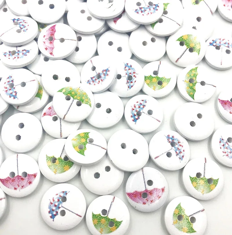 

100 pcs 2 Hole Round Mix Umbrella Wood Buttons Decor Home Sewing Scrapbooking Clothing 15mm WB756