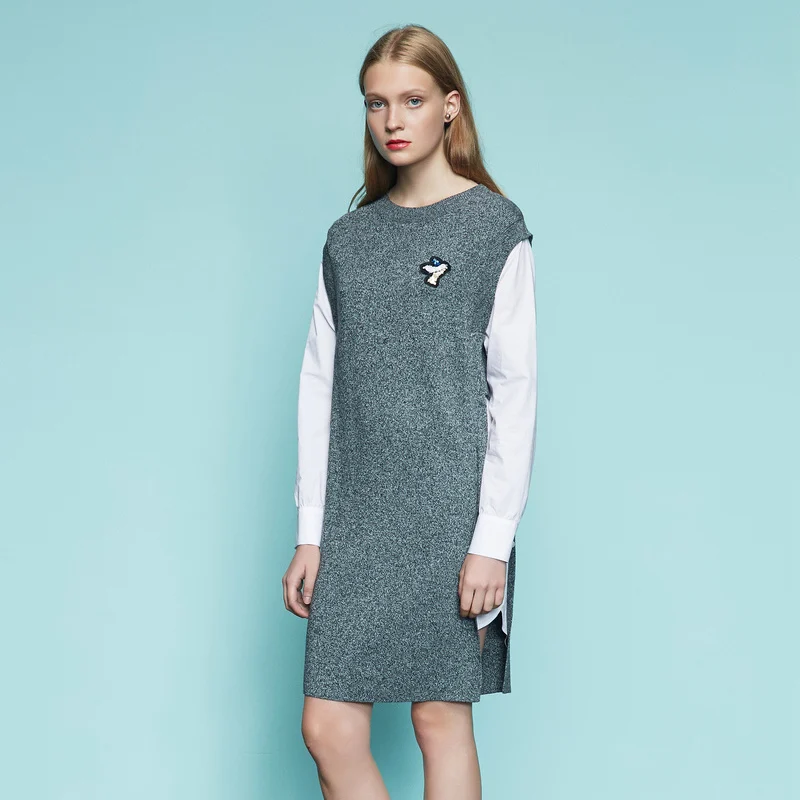 Длинное вязаное многослойное женское платье свитер Metersbonwe с ложным воротником из