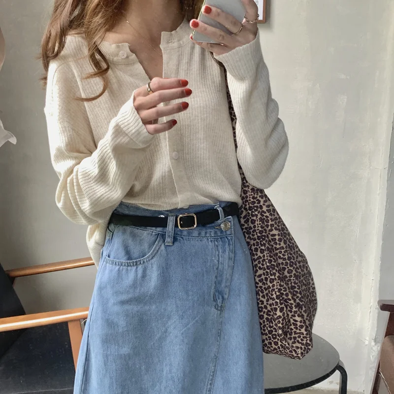 Rose Pink cardigan Pit Stripe Knitted Cardigan Korean Loose Thin Round Neck Short Coat Long Sleeve Top |
