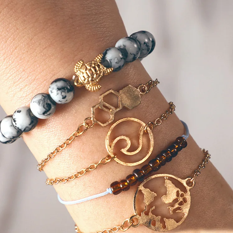 

grey glass bead tortoise hand decoration world map simple wave sets Bracelet for women