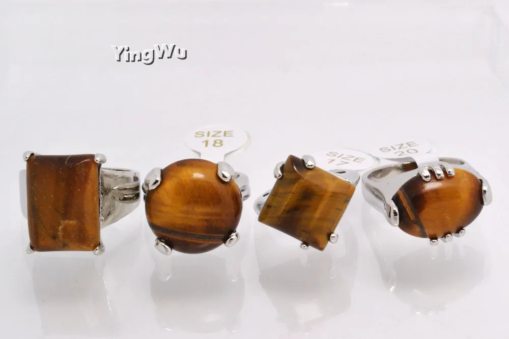 

Yingwu 20pcs Wholesale Natural Irregular Natural Tiger Eye Rings Band Stone Ring For Women Antique Silver Plated Fashion Jewelry