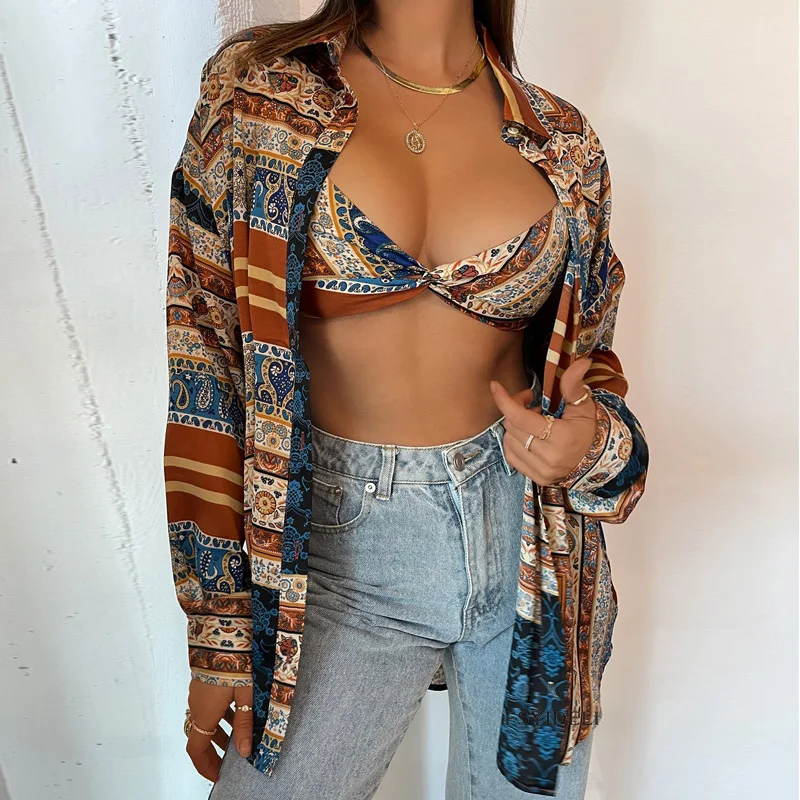

Casual Loose Women Long Sleeve Shirts Vintage Print Straight Harajuku Lapel Tops Female Spring Autumn Button Blouse Blusa 2022