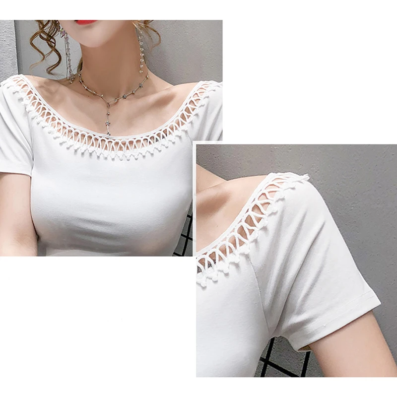 

shintimes Sexy Hollow Out Patchwork Tee Shirt Slim T-shirt Women 2020 Summer Tshirt Woman Black T Shirt Femme Short Sleeve Tops