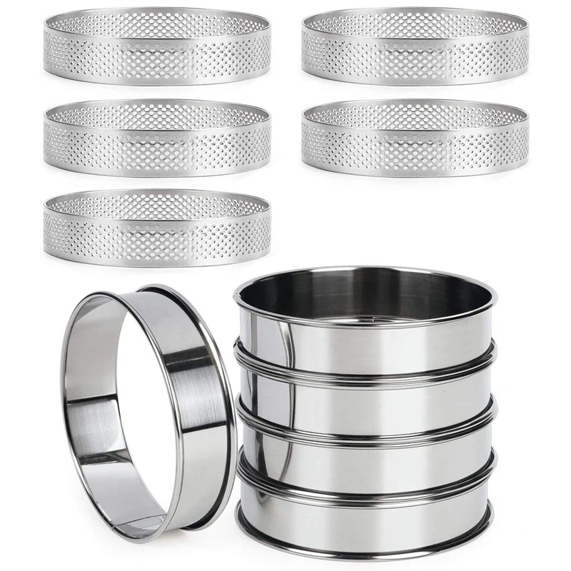 

5Pcs Stainless Steel Round Perforated Tart Ring Bundle with 5Pcs Round Double Rolled English Muffin Rings