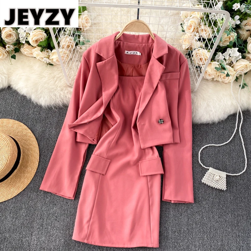 

Paris Girl Office Lady Blazer Two Piece Suit Set Mini Skirt Women Sexy Casual Suit Sling Dress and Top 2-Piece Set Fall New s801