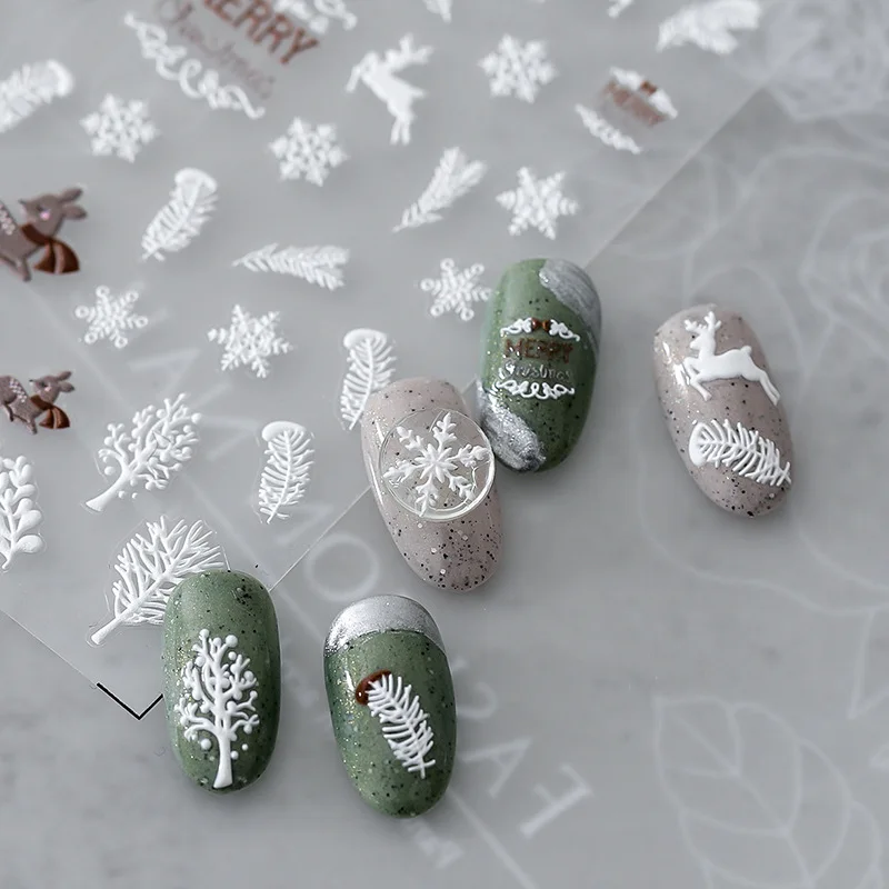 

White Black Deer Design 3D Nail Sticker Snowfalke Cartoon Elk Pattern Stickers Trasnfer Sliders Christmas Nail Art Decoration