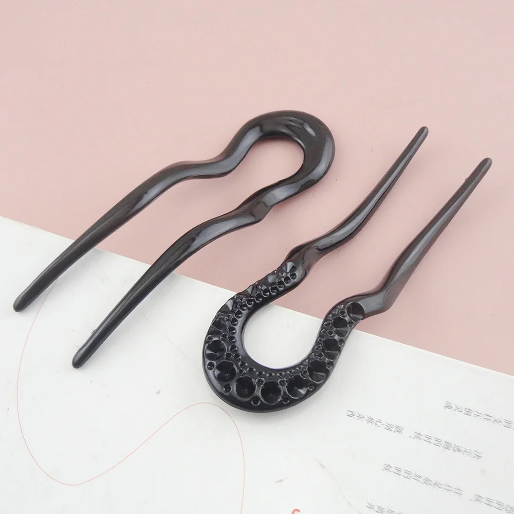 

10PCS 3.8cm*12.8cm Black Plastic U Shape Waved Hair Forks with stone holes for DIY Long Hair bunhead women girl's hair sticks