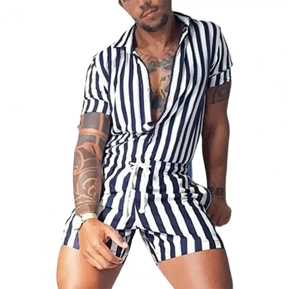 

Men Jumpsuit Stripe Drawstring Sexy Lapel Thin Tracksuit for Fitness jumpsuit men short sleeve Summer Men Clothing