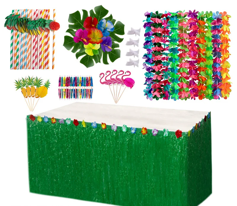 

83pcs Hawaiian Party Table Skirt Decor Set Honeycomb Pineapple Umbrella Fruit Straw Combination Hula Festival Party Decor