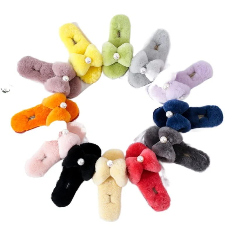 

Fluffy Fashin Warm Furry Wool Slip On Flats Female Sliders Cozy Home Woman slippers