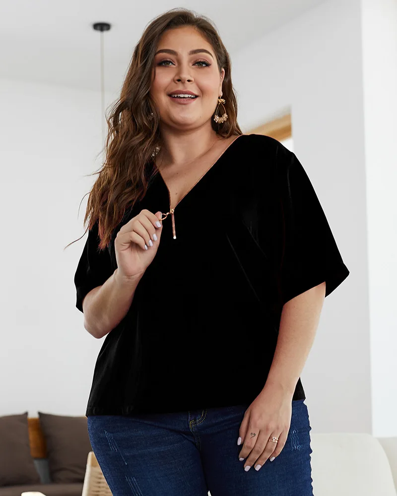 

Women's T Shirt V Neck Zipper Casual Loose Short Sleeve Top Summer Sexy Plus Size Clothing