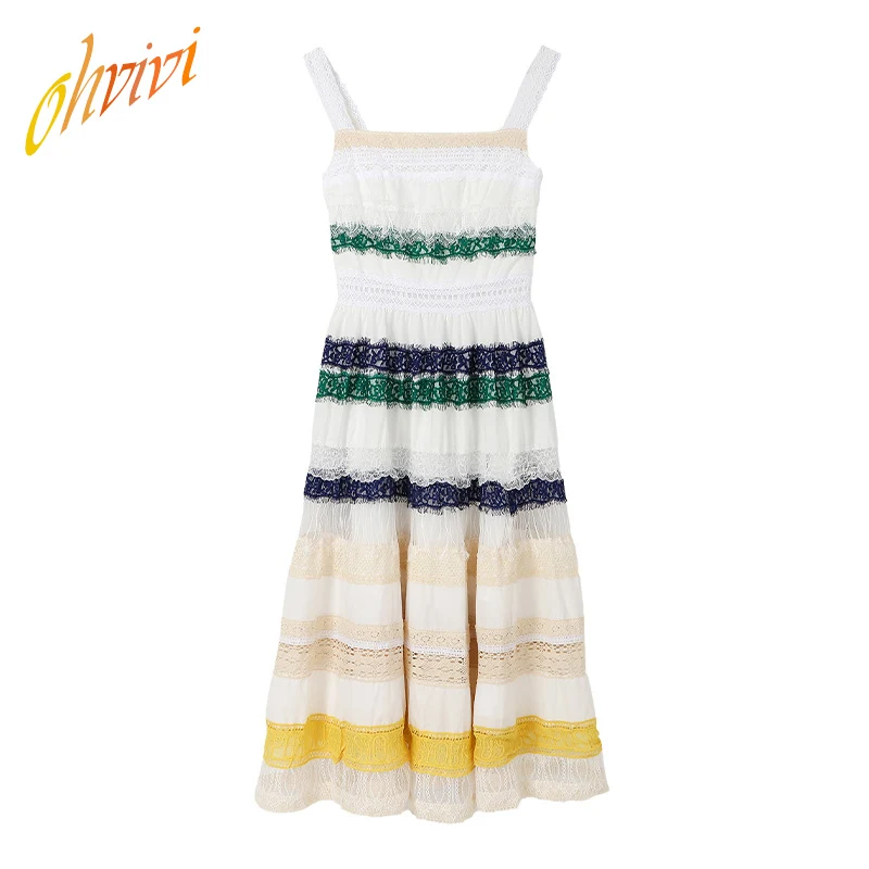 

Young Women Summer Apparel High Quality Sexy Colors Contrast Ruffle Layered Zip Up Lace Designs Vintage Dress
