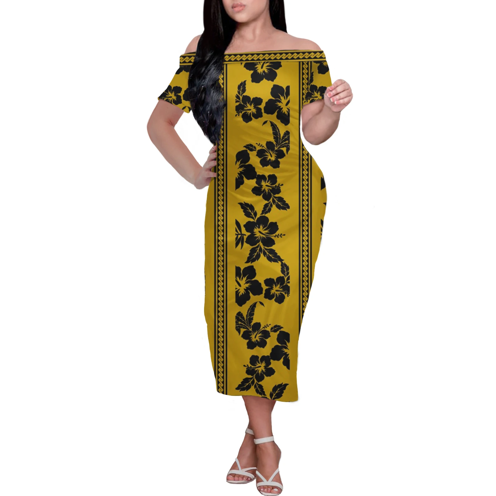 

Polynesian Samoan Tribal Hibiscus Printing Off Shoulder Strapless Sexy Women Dress Summer Short Sleeve Straight Banquet Dress