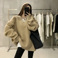 v neck sweater womens lazy casual long sleeved sweater wearing loose medium and long coat z2020 in autumn and winter