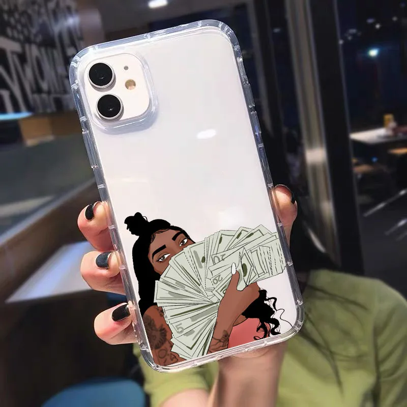 

Make Money Not Friends Kash Afro Black Girl Phone Case for iPhone 12 Pro Max 11 XS SE20 XR X 7 8 6 Plus Clear Silicone Cover Bag