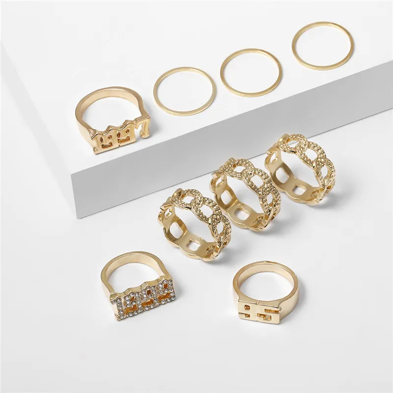 Bacolod 9pcs/set Gold Color Rings Set for Boys Girls Round Numbers Crystal Alloy Finger Ring Party 2020 Hiphop Rock Style | Украшения и