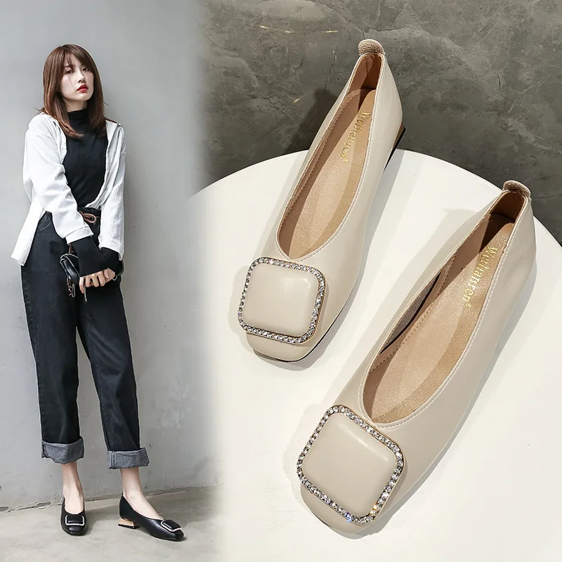 

2021 spring new retro women's shoes with diamond square buckle apartment slippers thick heel single shoe size women's shoes