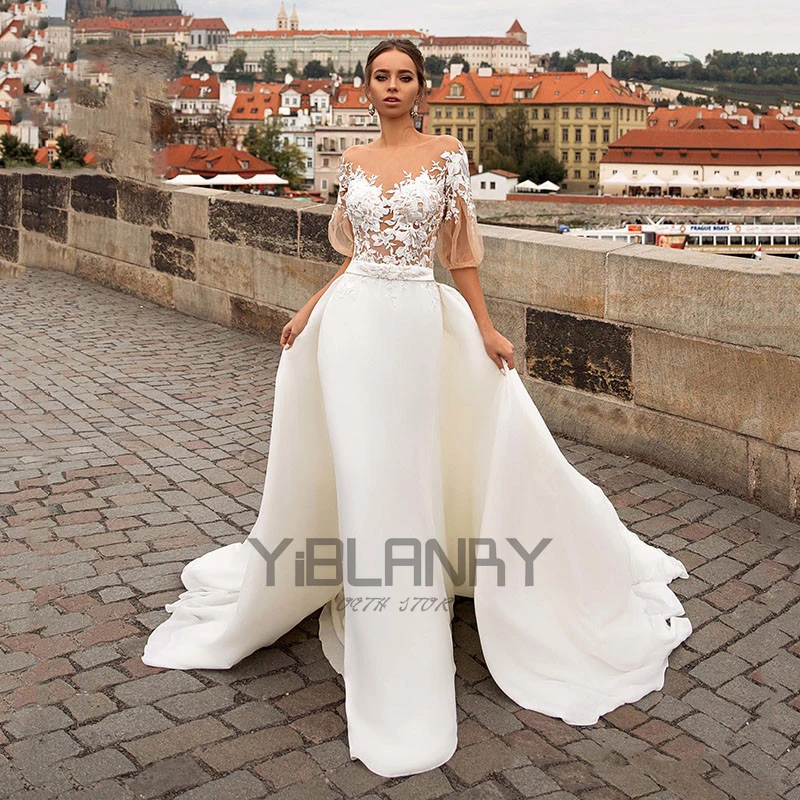 

Роскошные свадебные платья с юбкой-годе, рукав 3/4, с пуговицами сзади, со съемным шлейфом, 2 в 1, кружевное искусственное платье с воротником-л...