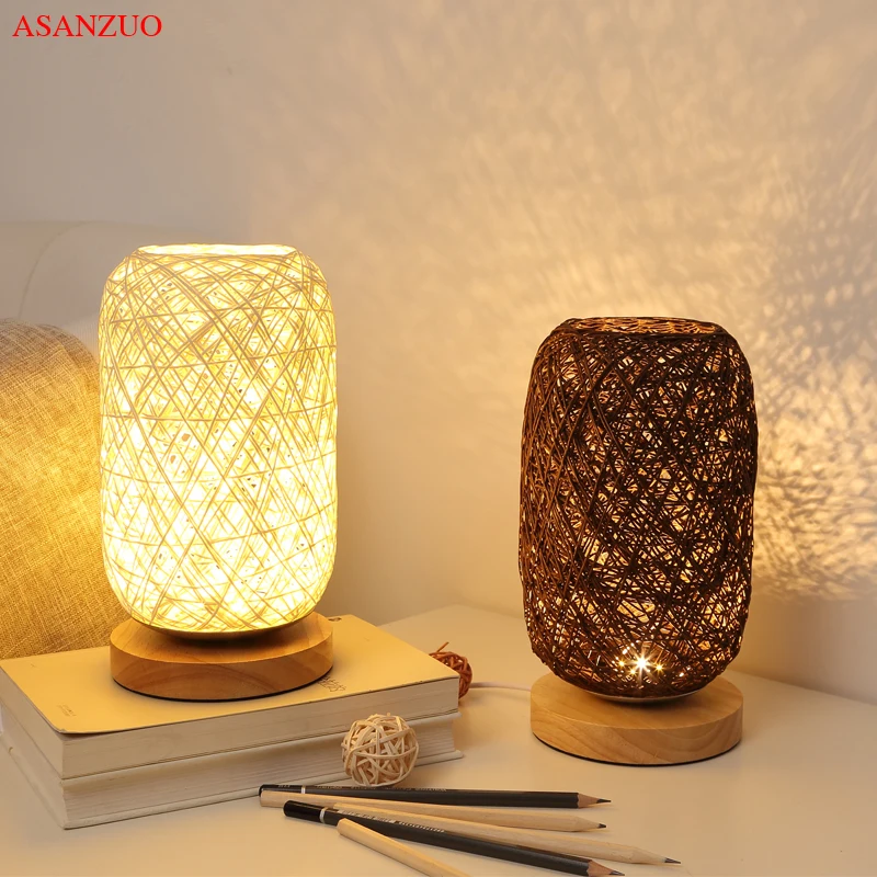 

Nordic Wood Table Lamp Bedroom Bedside Lamps Art Decoration Desk lamp Rattan Twine Ball Lights