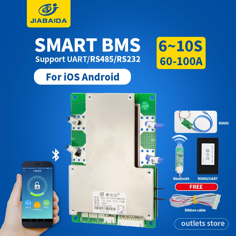 

JBD Smart BMS Lifepo4 36V 24V Lithium Battery 6S 7S 8S 9S 10S BMS Bluetooth 60A 80A 100A With UART Sane Port Balance