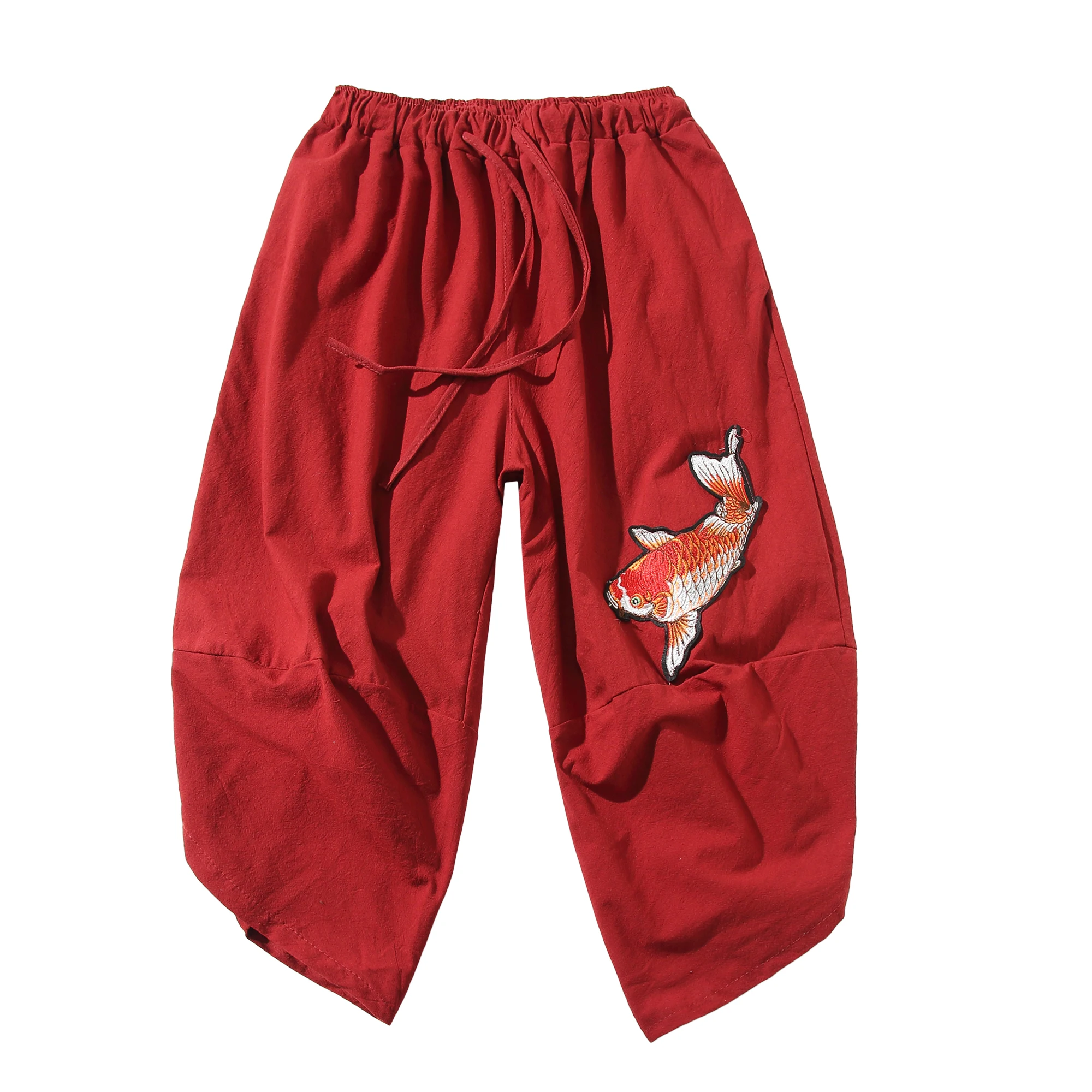 

Harajuku Chinese Style Mens 2021 New Beach Pants Male Summer Casual Calf-Length Pants Man Carp Embroidery Baggy Loose Trousers