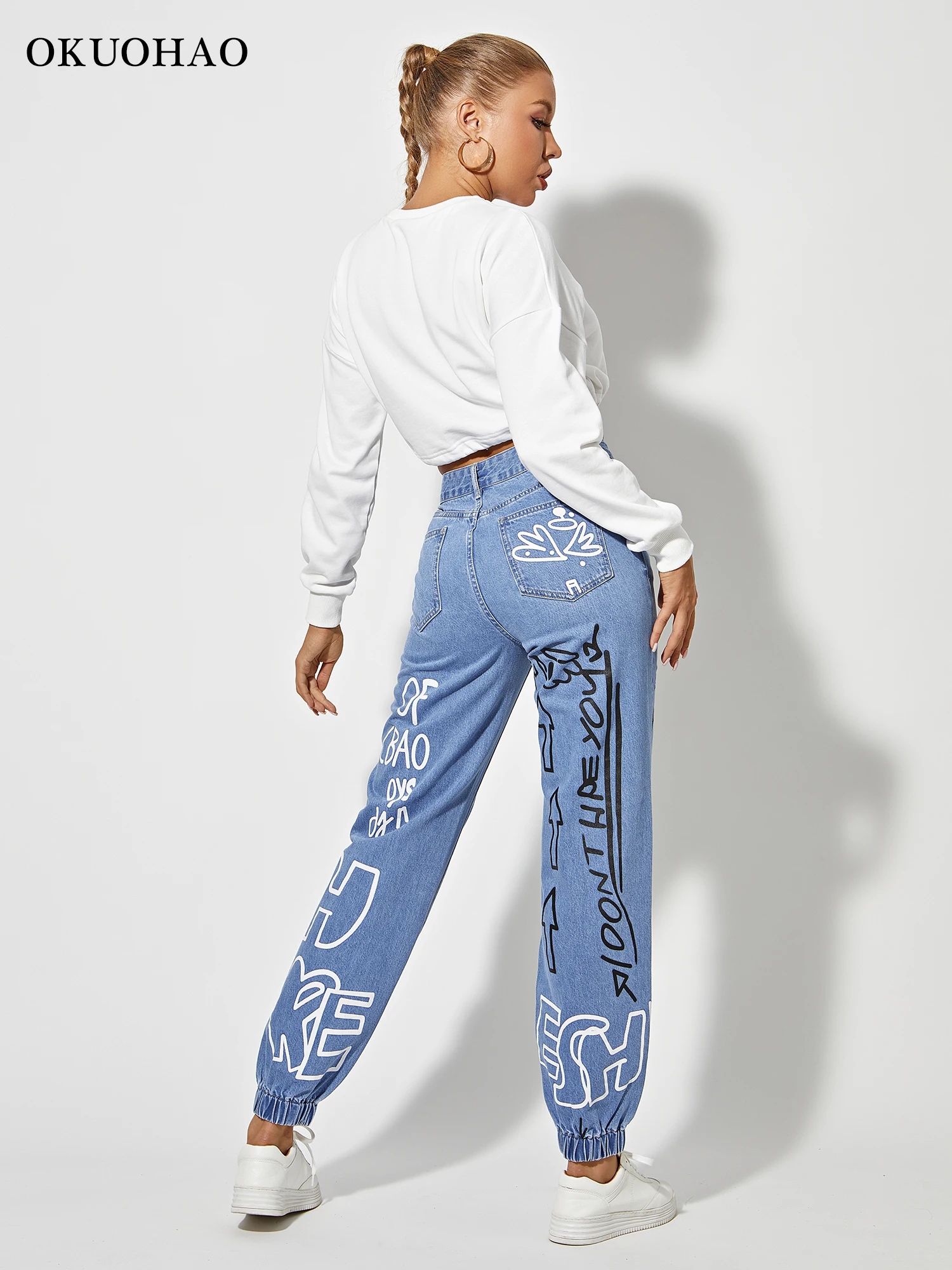 Print High Straight Jeans Women Denim Track Pants With Letter Pattern Womens High Rise Jogger Denim Jeans Waist Drawstring Pants