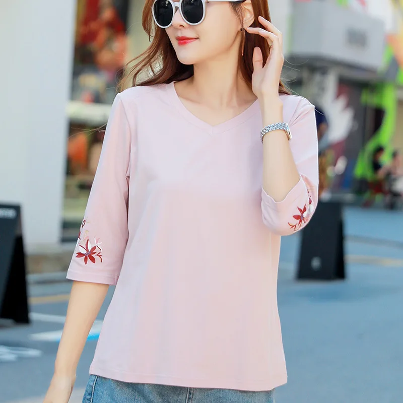 Женская футболка с коротким рукавом цветочным принтом свободная однотонная