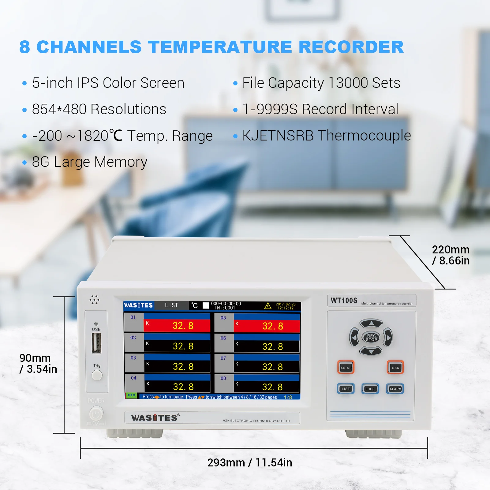 

8 Channels Temperature Recorder with 5-inch IPS -200℃~1820℃ Industrial Temperature Data Logger Supports KJETNSRB Thermocouples