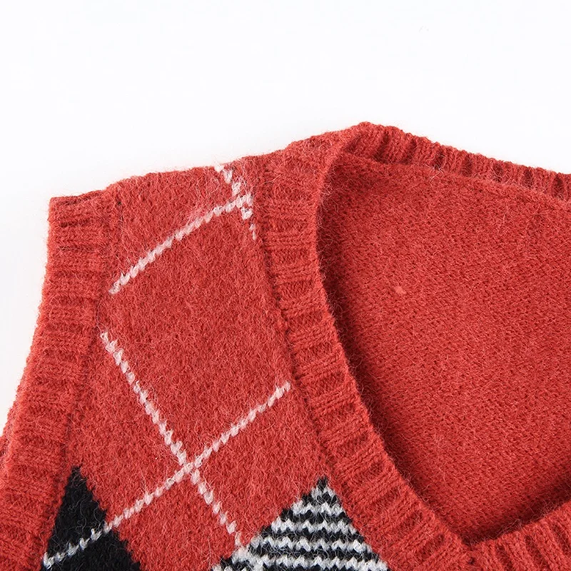 

Rhombus Plaid Pattern Knitted Sweater Vest Tank Top Female Preppy Style Sweet V Neck Tops Fall WInter Clothes