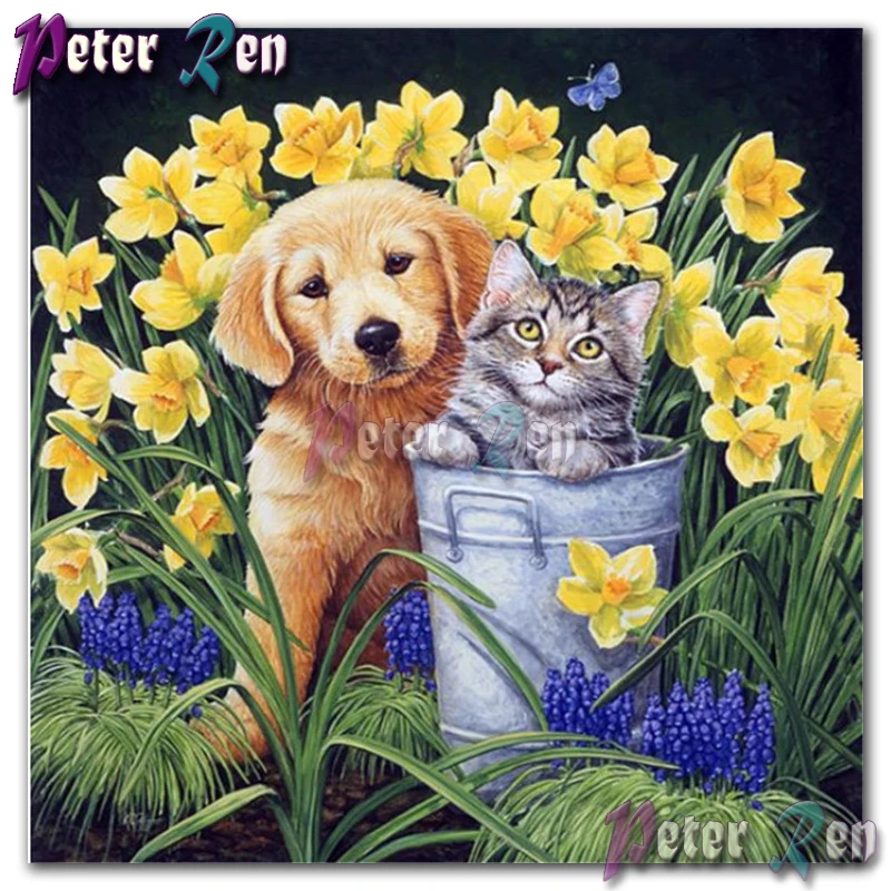 

animal 5d Dog and cat playing in the flowers Diamond embroidery Square Round Painting Diy Mosaic cross stitch Home Decoration