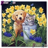 animal 5d dog and cat playing in the flowers diamond embroidery square round painting diy mosaic cross stitch home decoration