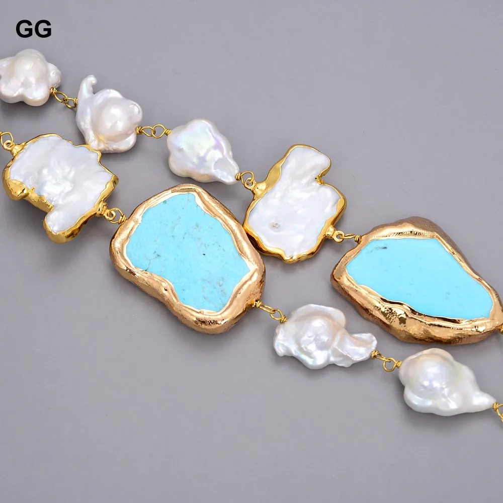 

GuaiGuai Jewelry Natural Pearl Cultured White Flower Keshi Pearl Blue Turquoise Slice Bracelet