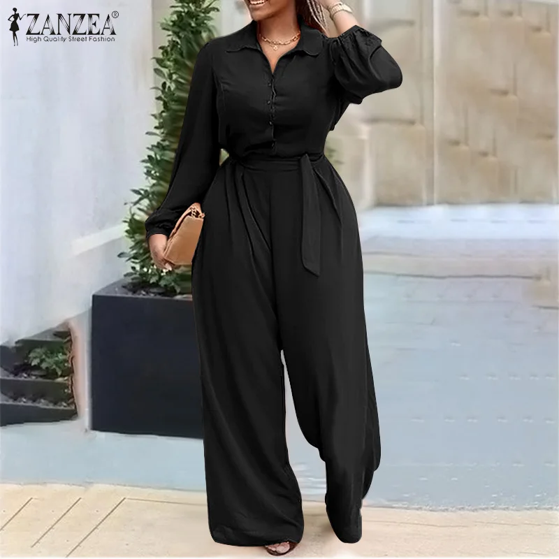 

2021 Autumn Elegant Women High Waist Rompers ZANZEA Casual Lapel Wide Leg Playsuits Fashion Long Sleeve Office Lady Jumpsuits