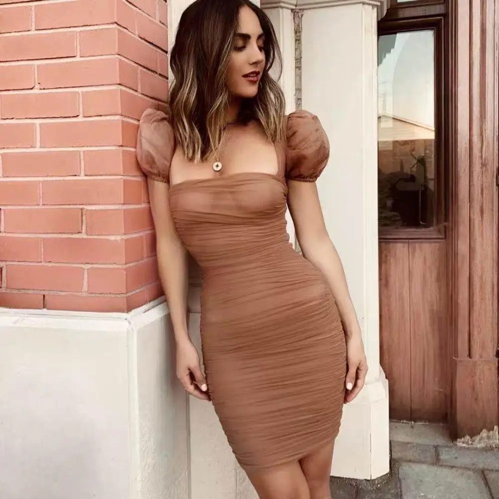 Высококачественное коричневое Бандажное платье из вискозы с коротким рукавом и