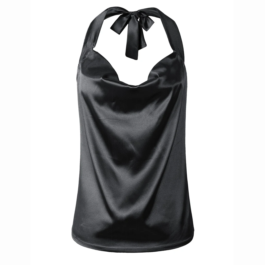 

New Summer Tank Tops Women Casual Solid Halter Chiffon Sexy Bandage Backless Corset Crop Top T-shirt Female Camisole Satin Top