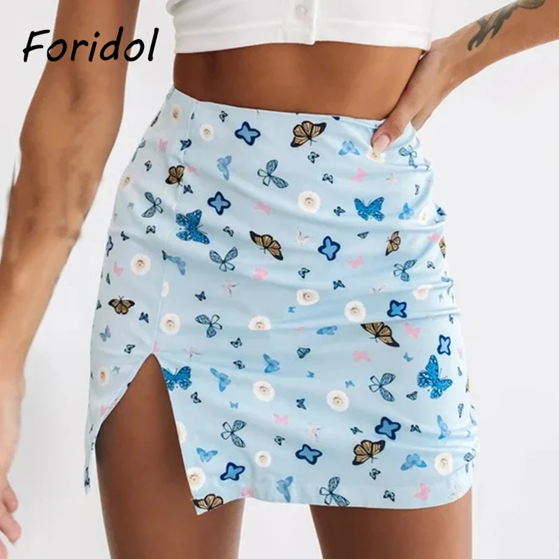

Foridol Butterfly Print Slit Blue Skirt Women High Waist Beach Summer Short Mini Skirt Bottom Casual Cara A-line Bodycon Skirt