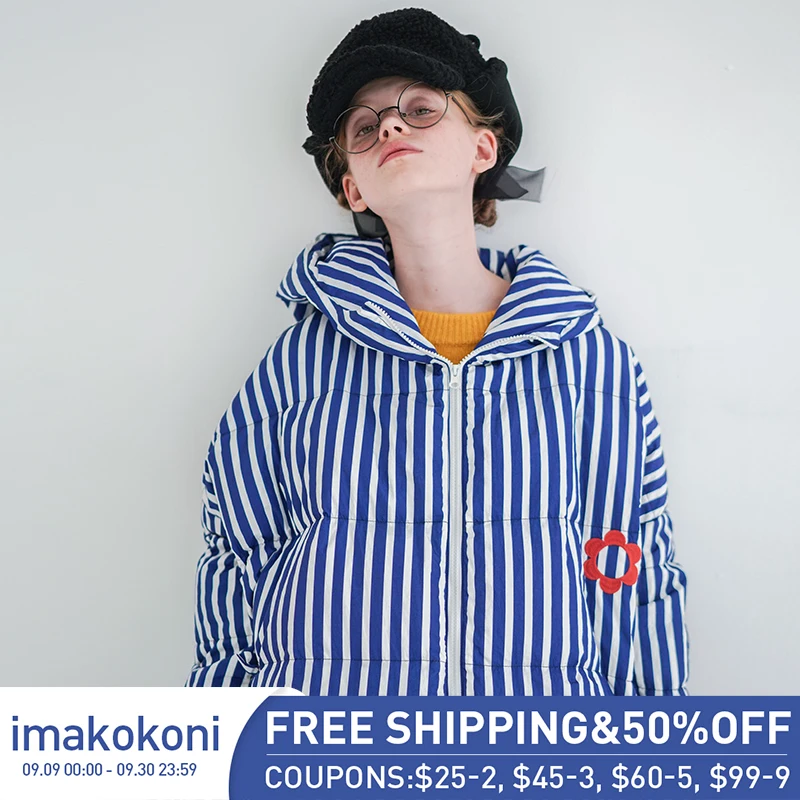 

Imakokoni оригинальный дизайн синие и белые полосы вышитый длинный японский пуховик 2019 зимний женский 192745
