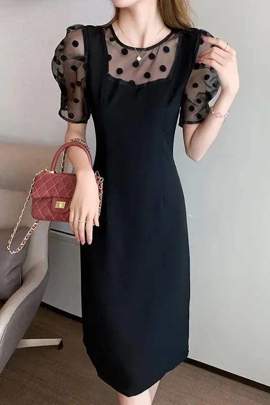 

Uulutonica Summer Women Elegant Fashion A-line Dot Short Patchwork Gauze Mid-calf Puff Sleeve Empire O-neck Dress