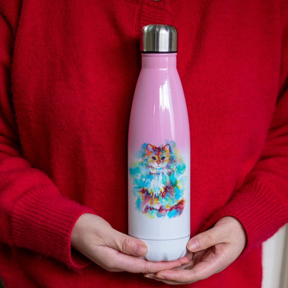 

Watercolor Cat Custom Name Vacuum Thermos Personalized Print Unique Design Cute Animal Water Bottle Insulated Stainless Steel