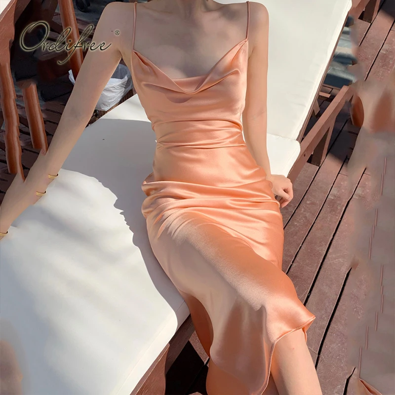 

Женское атласное платье-комбинация Ordifree, на бретелях-спагетти, с открытой спиной Вечерние элегантное вечернее платье, лето 2022