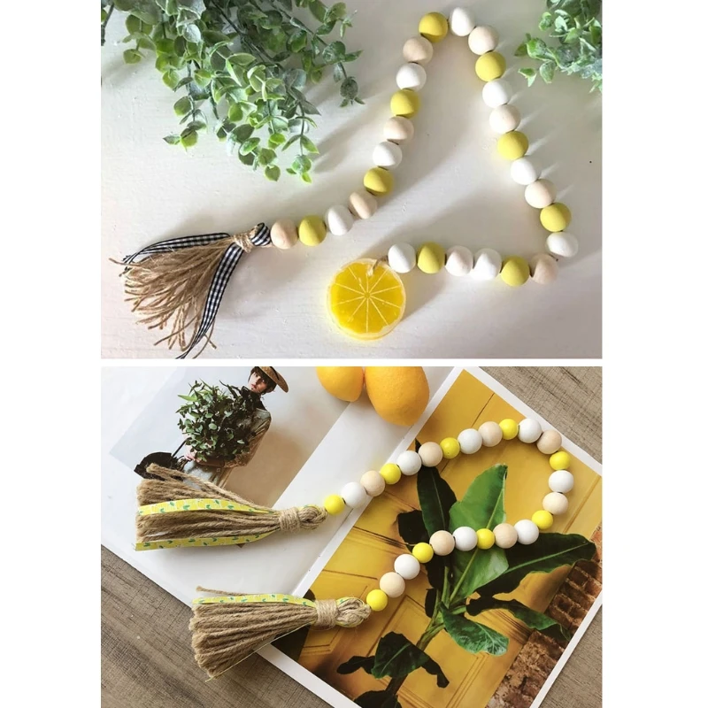 New Wood Bead Garland With Lemon Tassels Farmhouse Vintage Home Country Decor 