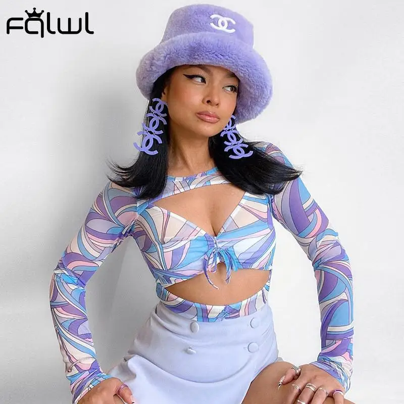 

FQLWL Осенняя Клубная одежда с фиолетовым принтом сексуальные топы для женщин 2021 с длинным рукавом и круглым вырезом с вырезами укороченный т...