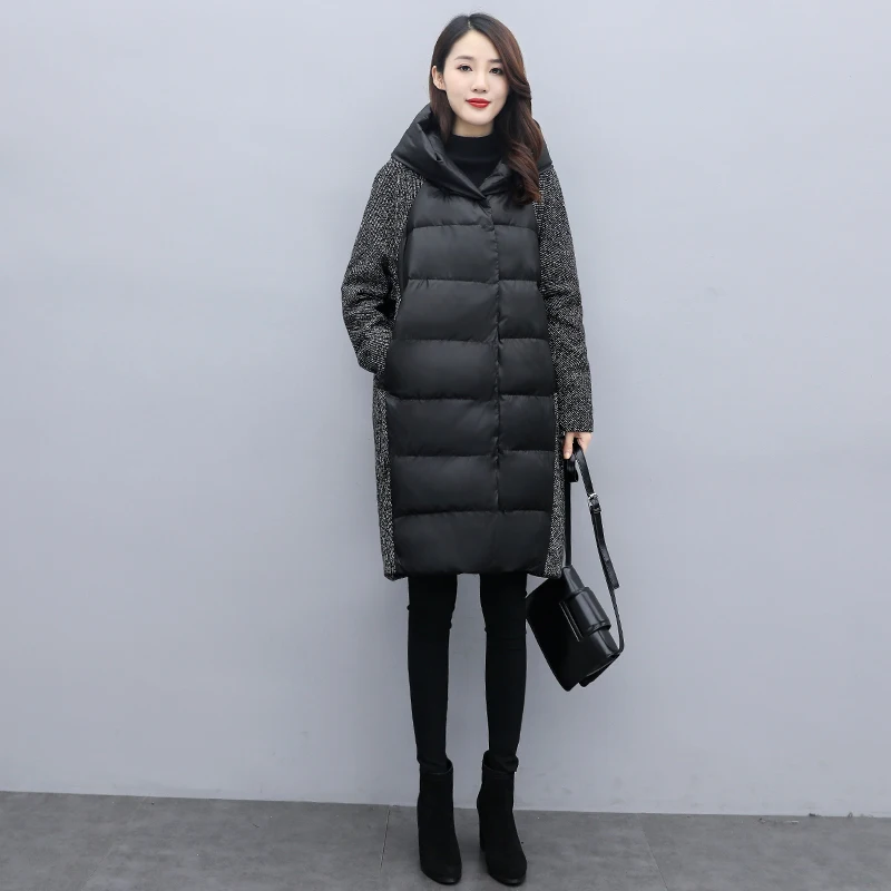 

Plus Size Women Wool Spliced Cotton-Padded Jacket Winter 2020 Mid-Length Zipper Covered Button Hooded Loose Casual Jackets Women