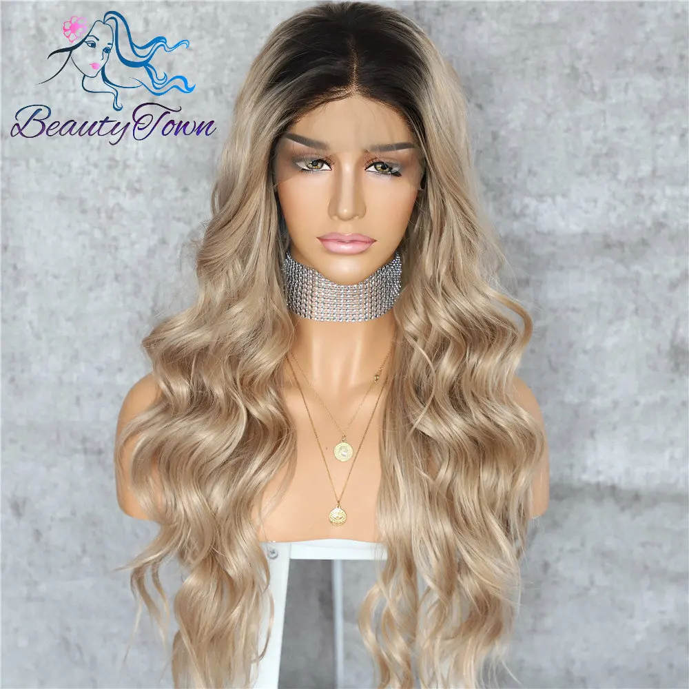 Ombre Brown BeautyTown, темные корни, Омбре, коричневый, натуральная, длинная волна, для женщин, королева, повседневный макияж, для свадьбы, вечеринки, подарок, синтетические парики на кружеве - Цвет: Ombre Brown