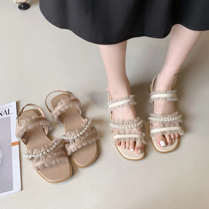 

2021 Sandals All-Match Ladies Shoes Summer Women's Heels Buckle Suit Female Beige New Flat Girls Clear Pearl Strap Comfort Black
