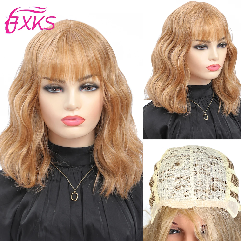 

Brown Synthetic Hair Wigs With Bangs Blonde Silver Color Short Wavy Hair Full Machine Made Synthetic Wigs Straight Bob Wigs FXKS