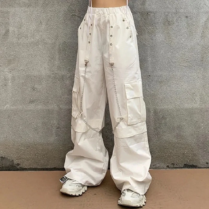 

Harajuku White Cargo Pants With Chain Women Mall hip hop Punk Loose Oversize pants Trousers vintage Straight-leg pants Wide leg